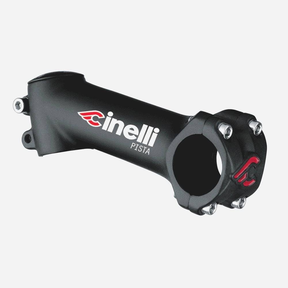 Cinelli Pista stem with 65° track angle and 31.8mm clamp for track bikes, shown mounted on a bicycle handlebar.