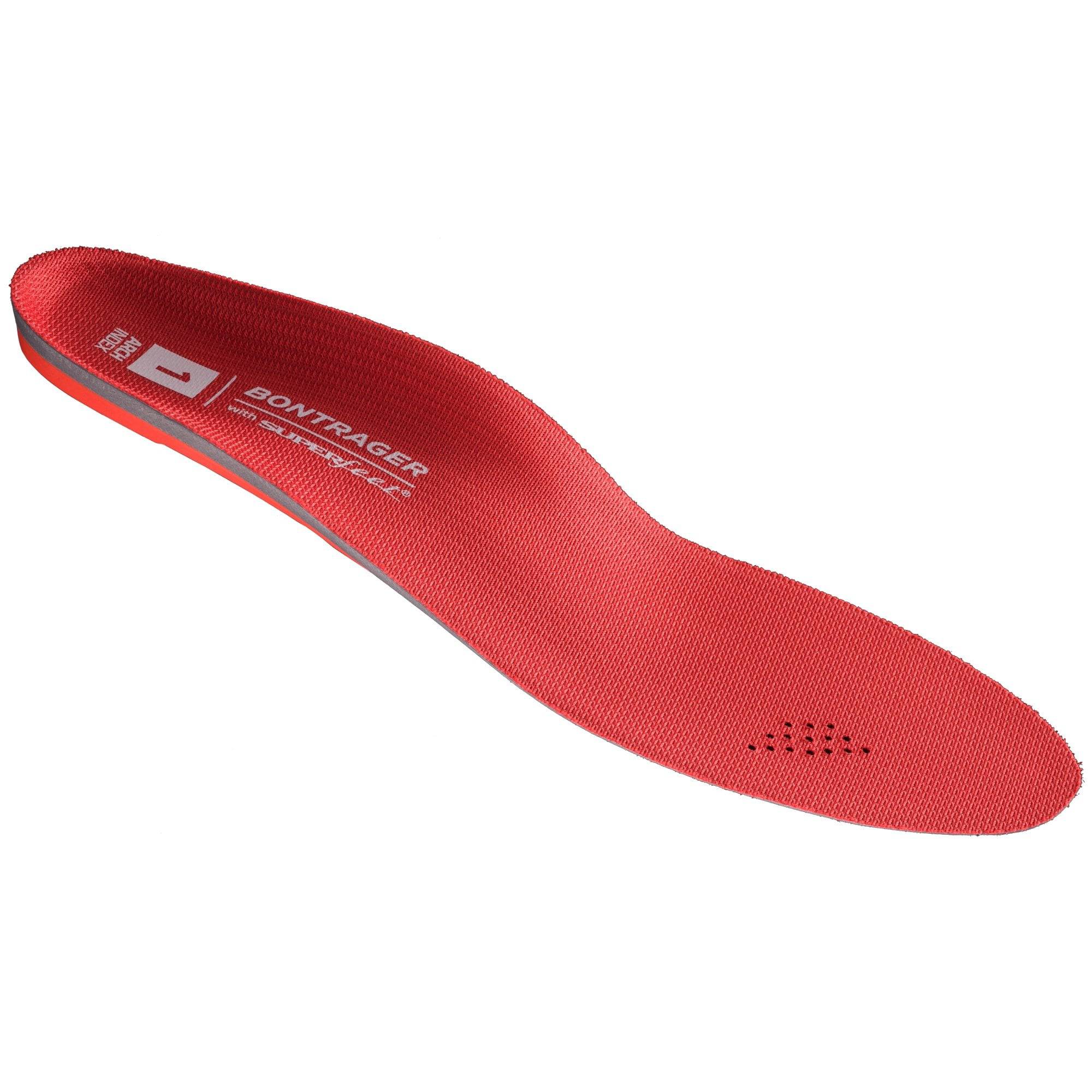 Bontrager inForm BioDynamic low arch cycling insoles in red for shoe sizes 36-38.5, designed for comfort and support during cycling.