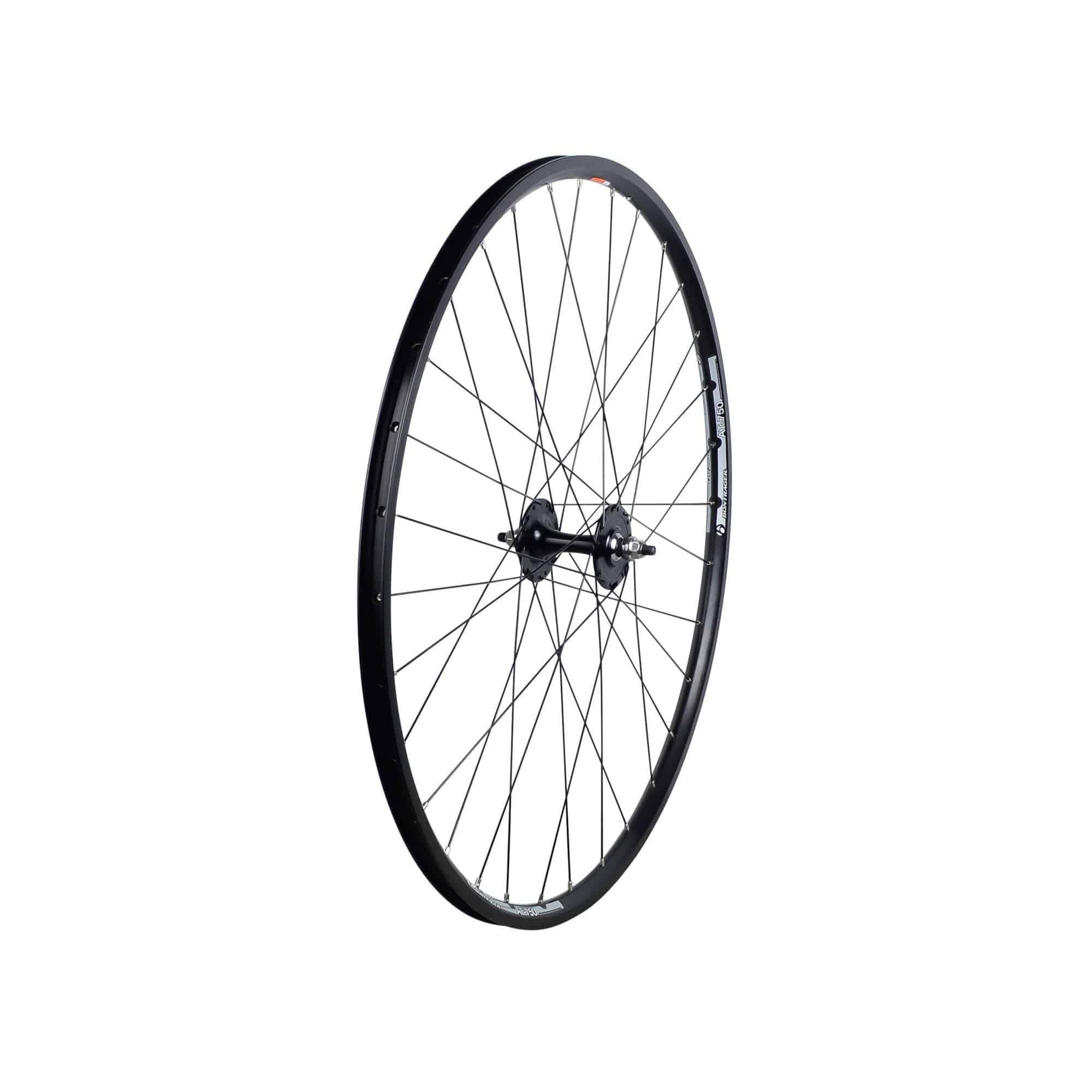 Bontrager AT750/TH30 700C track wheel with 32H double-wall rim for road cycling, featuring spokes and hub details.