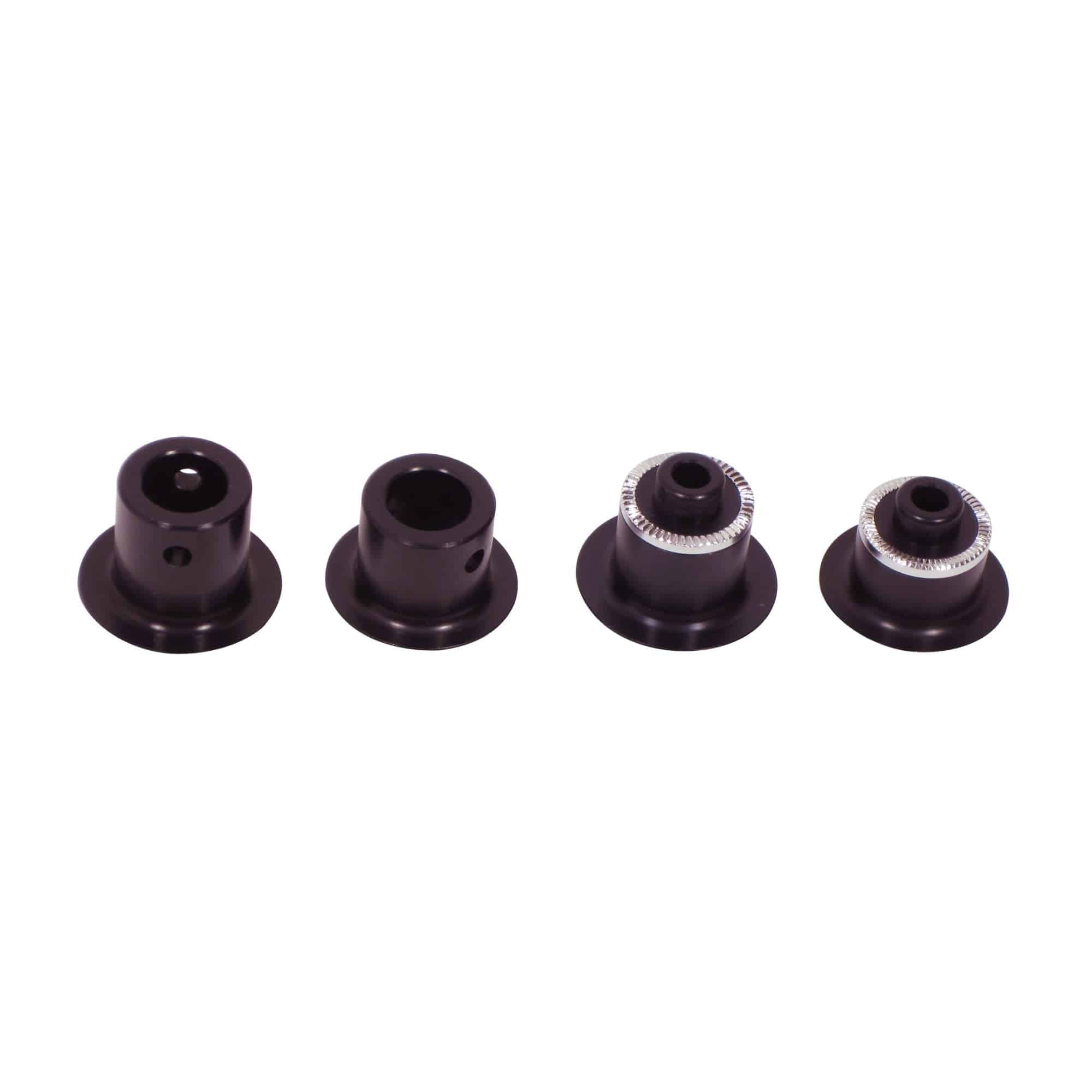 Bontrager Rhythm Elite axle end cap kit for 135/142 rear bike hub components, showing close-up of gray end caps with branding.