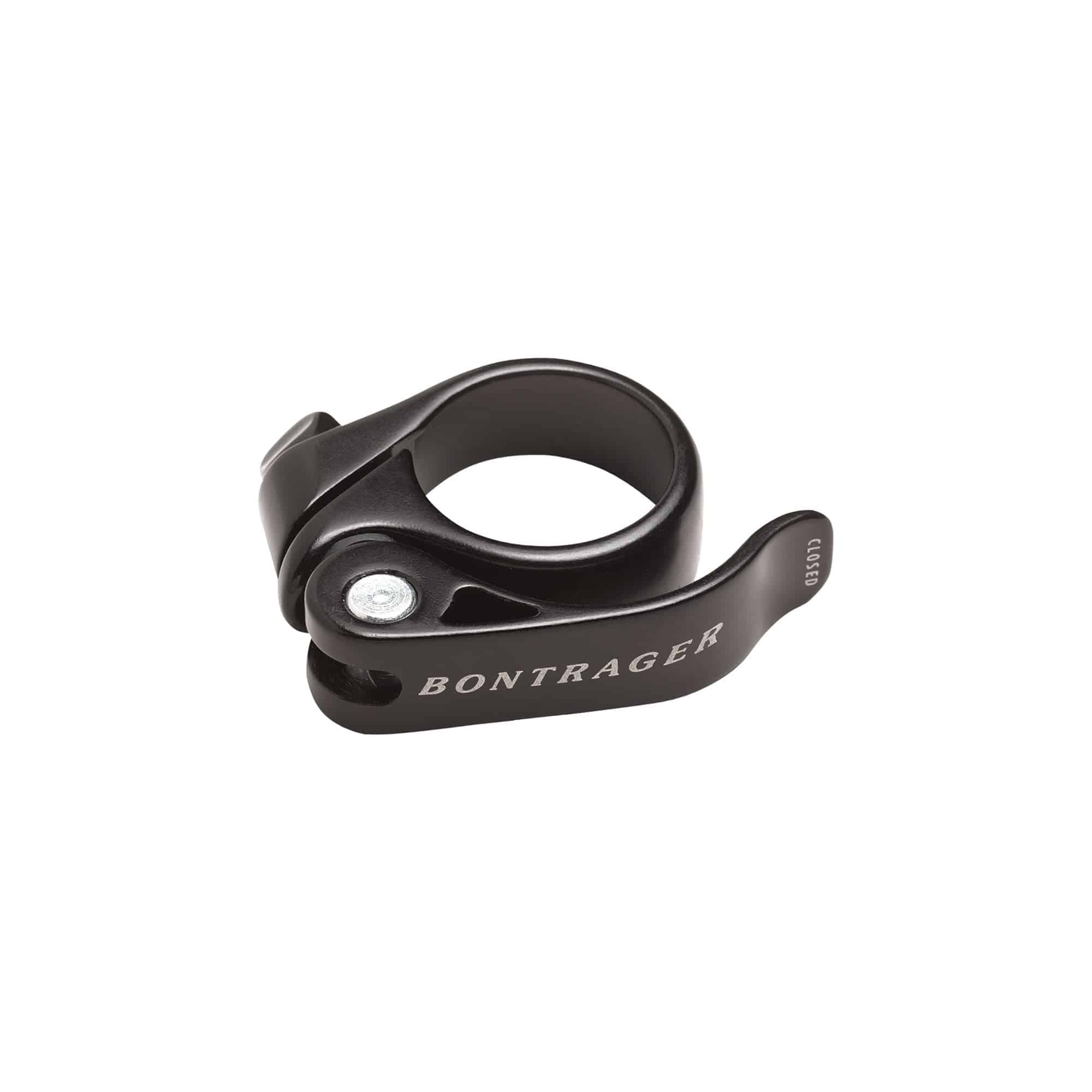 Bontrager quick release seatpost clamp with laser-etched torque guide, showing the clamp and attached components.
