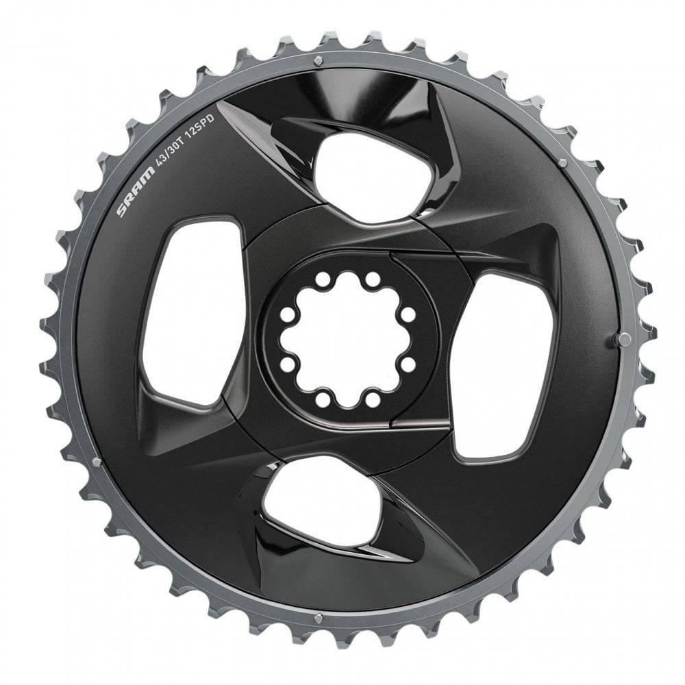 SRAM 43T 94BCD Force Wide chainring for 2x12 road bikes in polar grey with cover plate, designed for high-performance cycling.