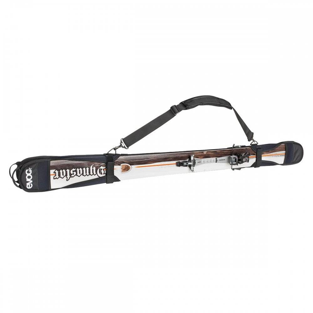 Black EVOC neoprene ski cover with detachable shoulder strap, suitable for sizes 160-195cm, designed to protect skis during travel.