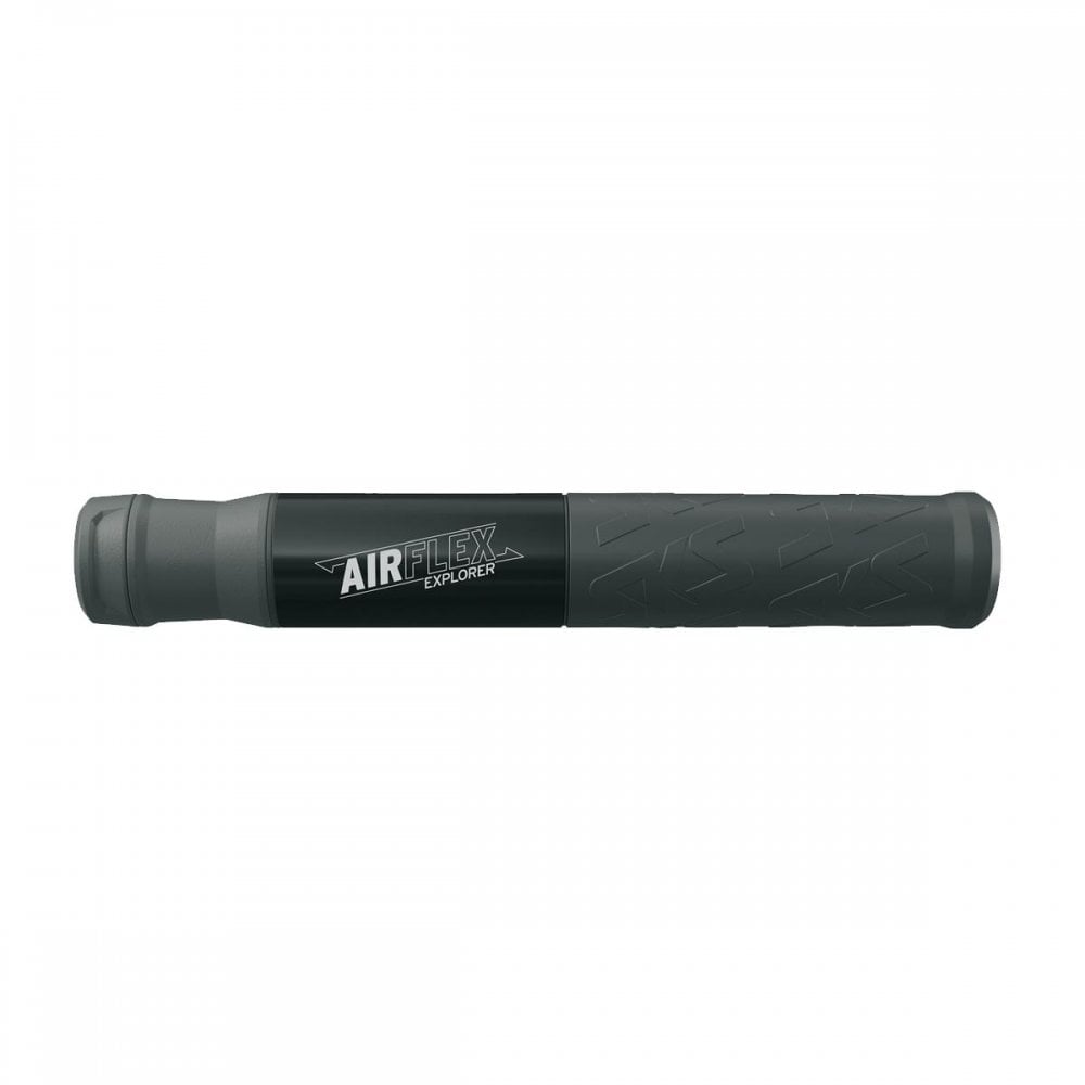 SKS Airflex Explorer Mini Bike Pump with black handle and silver body for inflating bicycle tires with AV and SV valves.