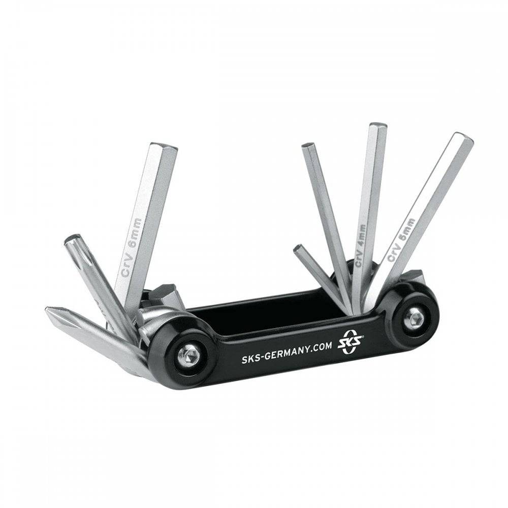 SKS TOM 7 bike multi-tool with 7 essential Allen, Philips, and Torx keys, ideal for bike repairs and maintenance.