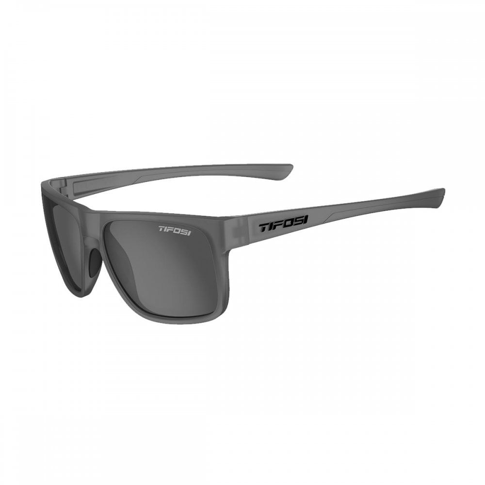 Tifosi Swick sports sunglasses with black frame and smoke single lens, designed for active outdoor wear and UV protection.