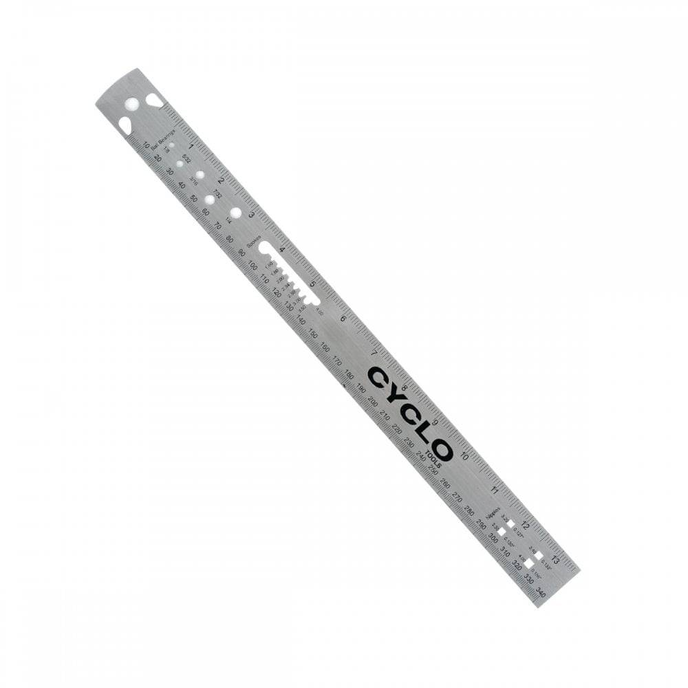 Cyclo Tools stainless steel dual-scale spoke ruler for bike maintenance, measuring 0-340mm for accurate wheel building.