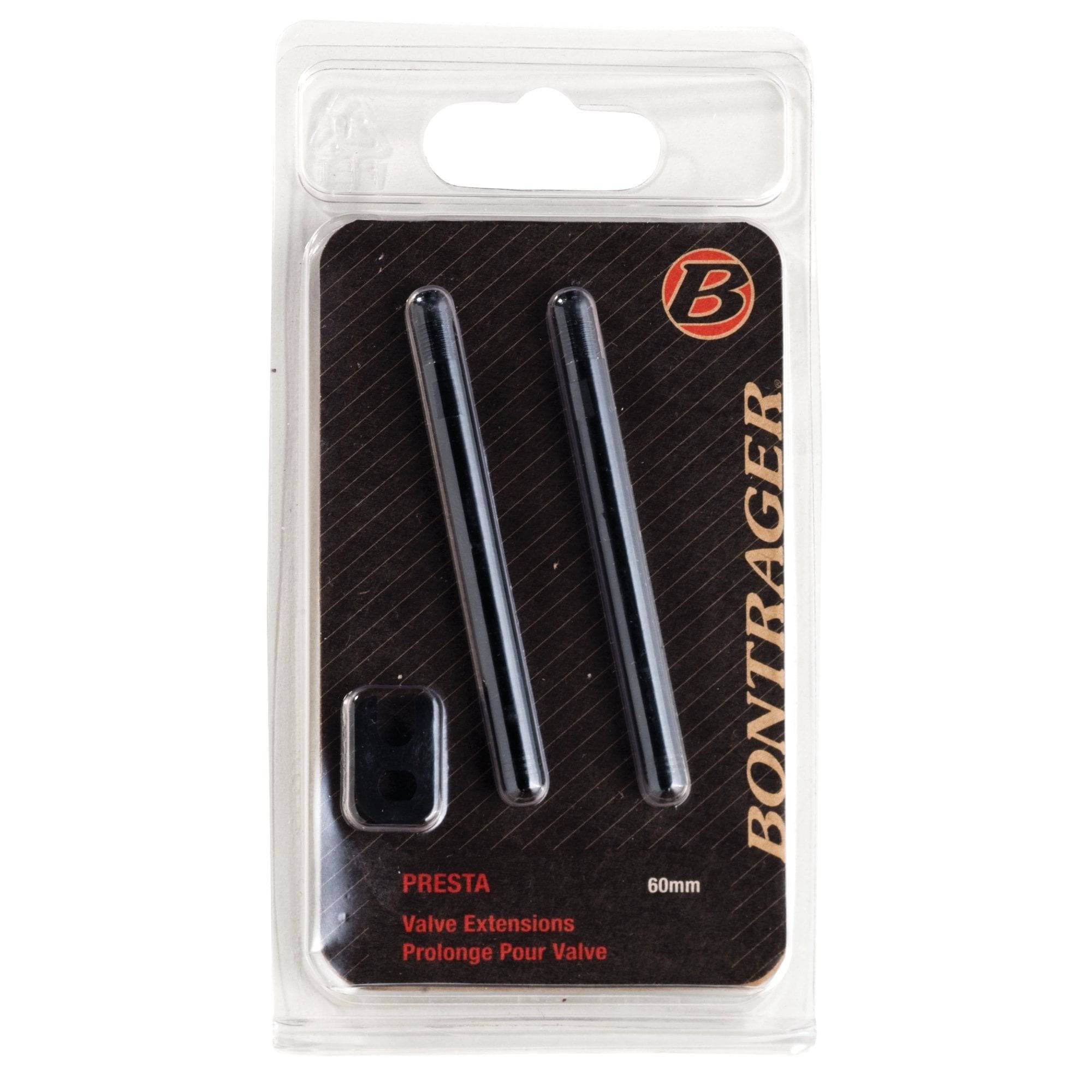 Bontrager Presta valve extenders for tubular, tubeless, and tube tires, showing metal components and rubber seals.