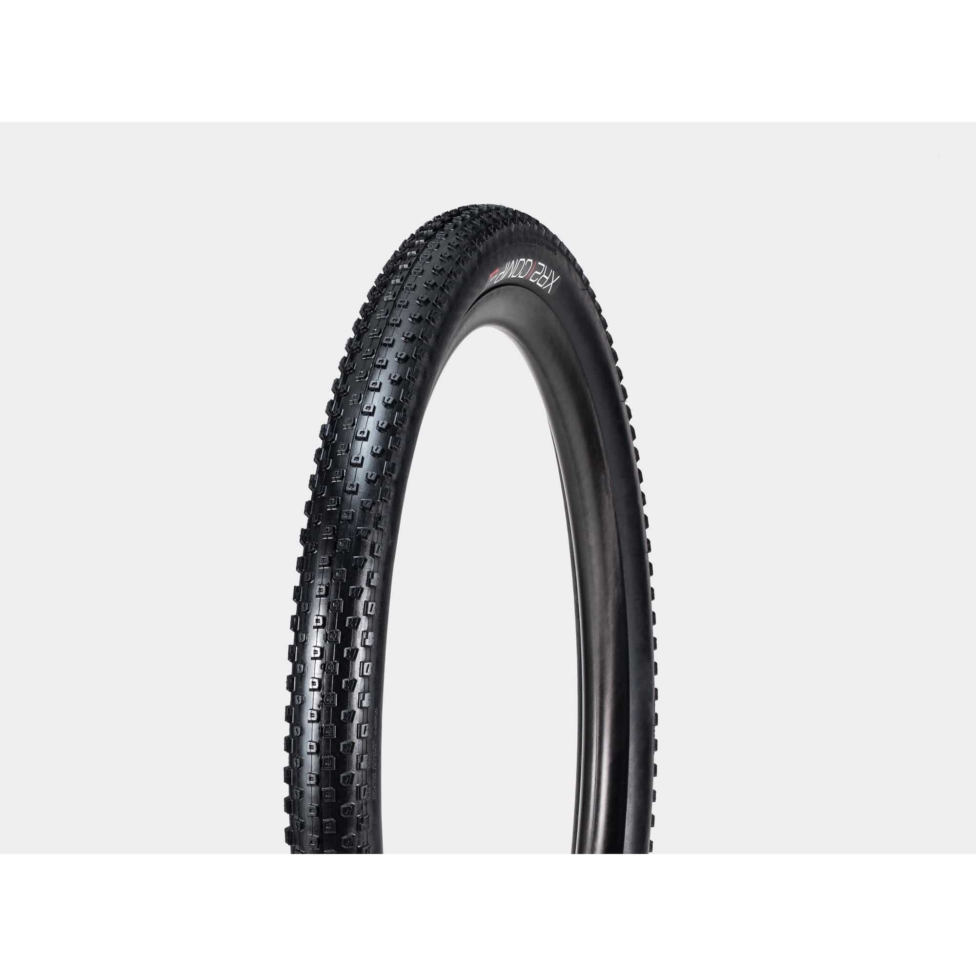 Bontrager XR2 Comp MTB tire tubeless-compatible fast-rolling trail tire, showing tread pattern and sidewall details.