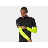 Bontrager thermal cycling arm warmers, breathable and moisture-wicking, fitted design for outdoor biking comfort.