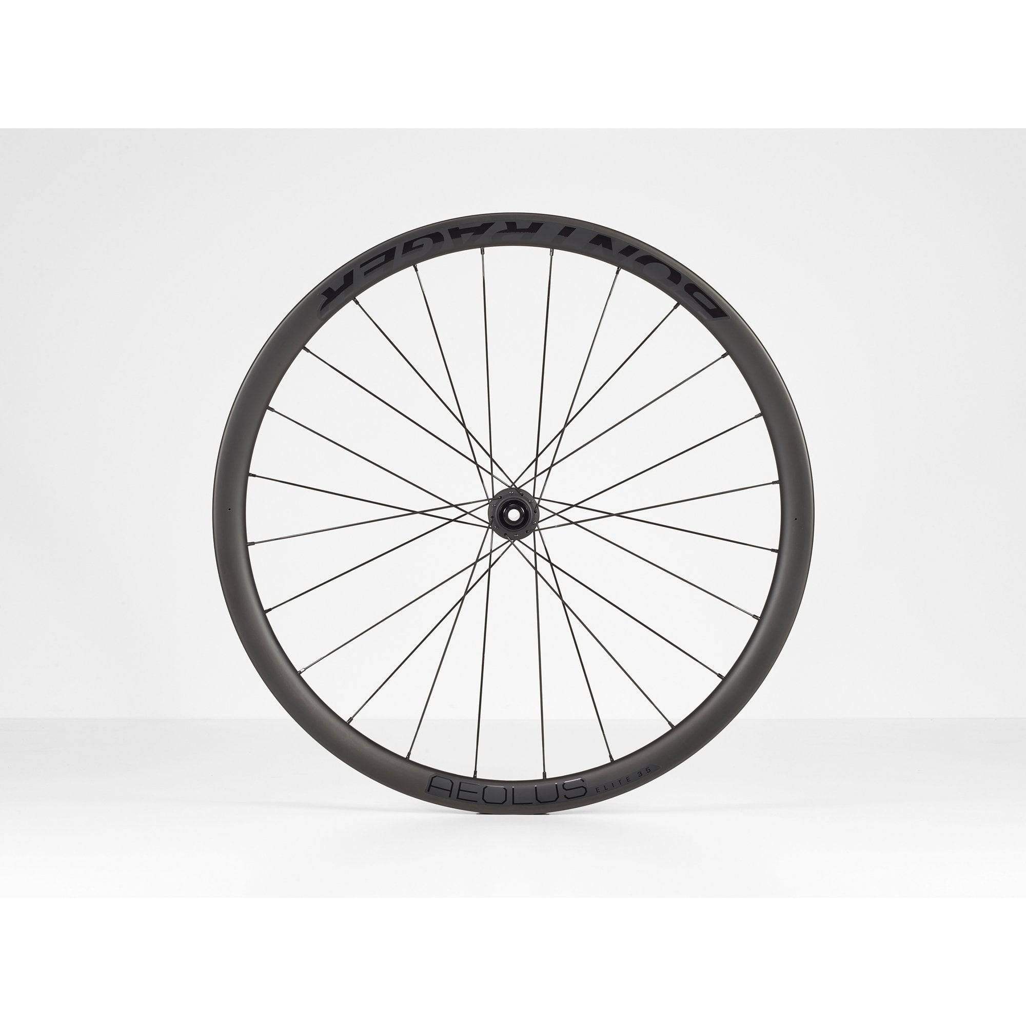 Bontrager Aeolus Elite 35 TLR disc road wheels with tubeless-ready carbon aero rims and aerodynamic design.