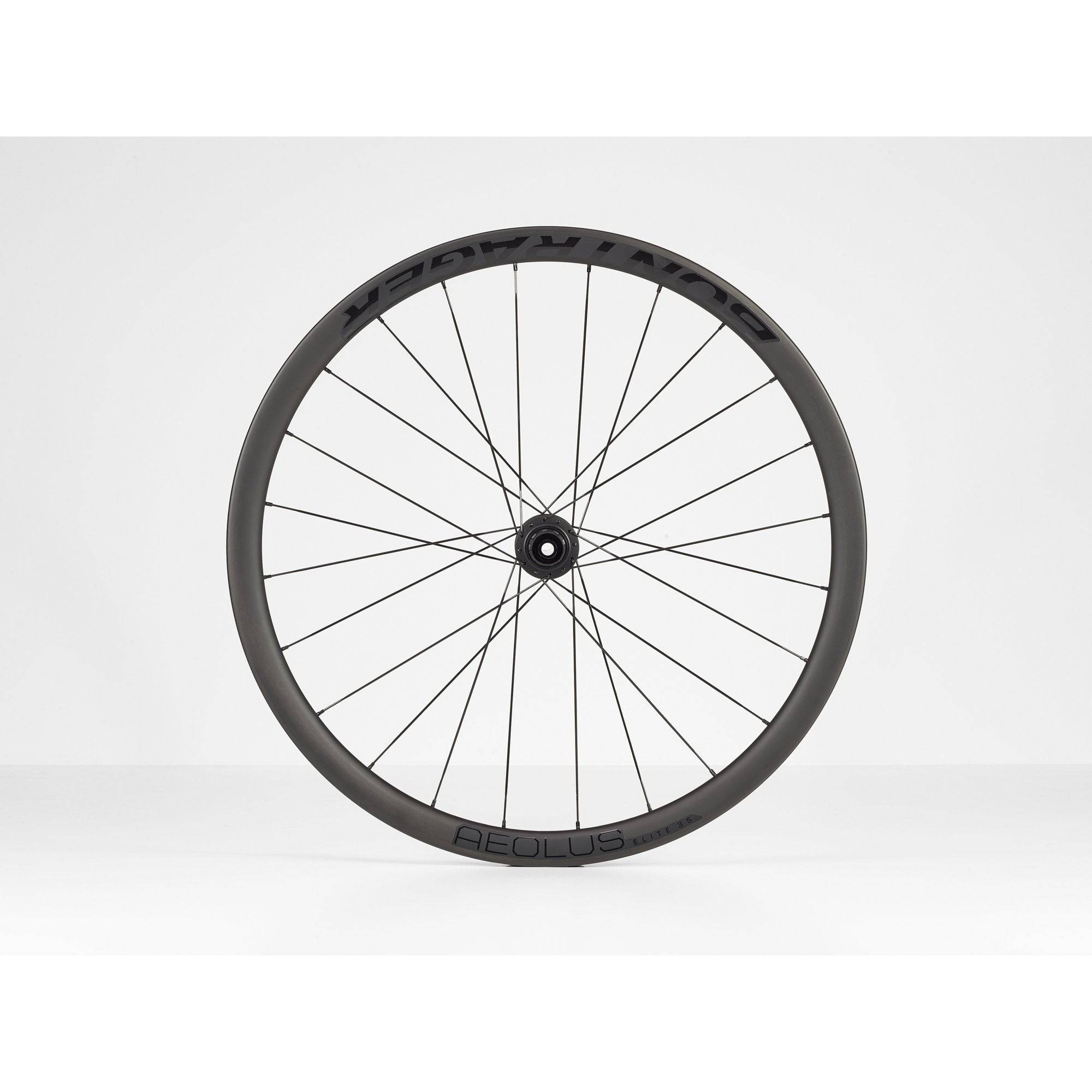 Bontrager Aeolus Elite 35 TLR disc road wheels with tubeless-ready carbon aero design, shown with rim and spokes.
