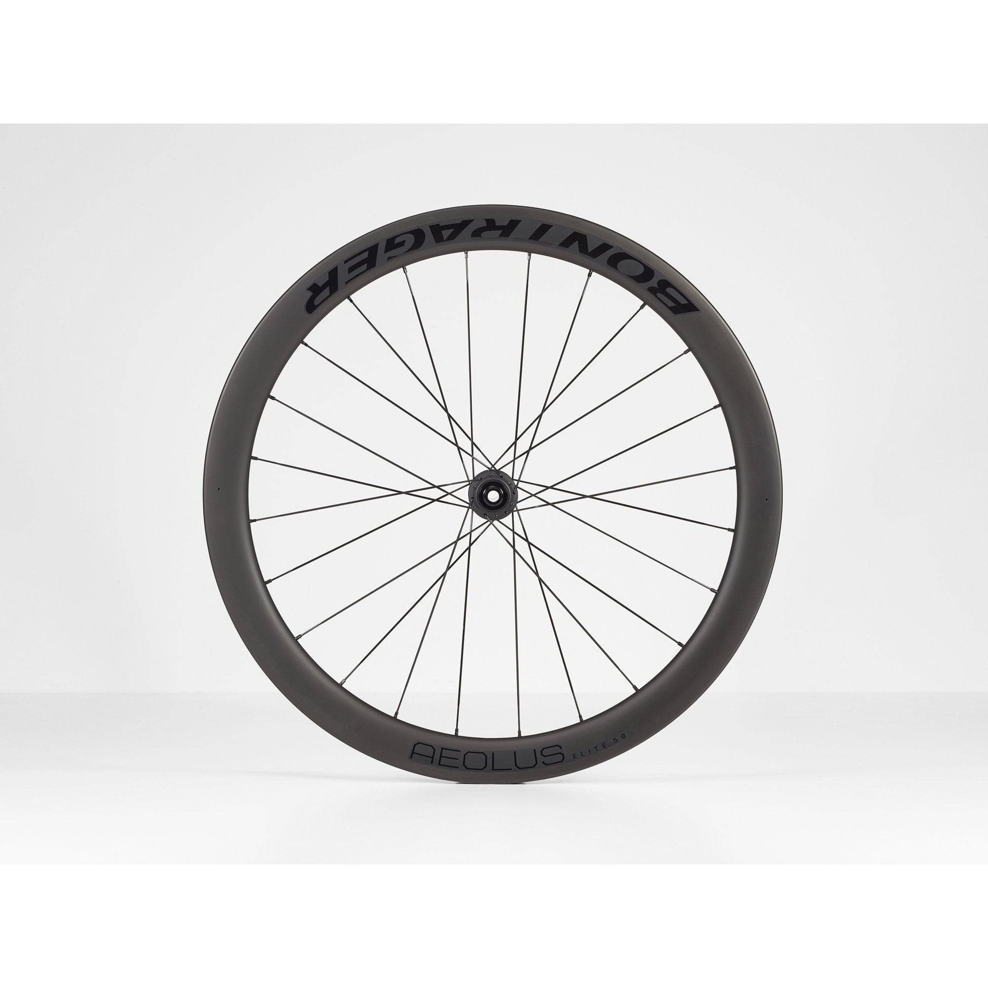 Bontrager Aeolus Elite 50 TLR disc road wheels with tubeless-ready carbon aero rims and aerodynamic spokes.