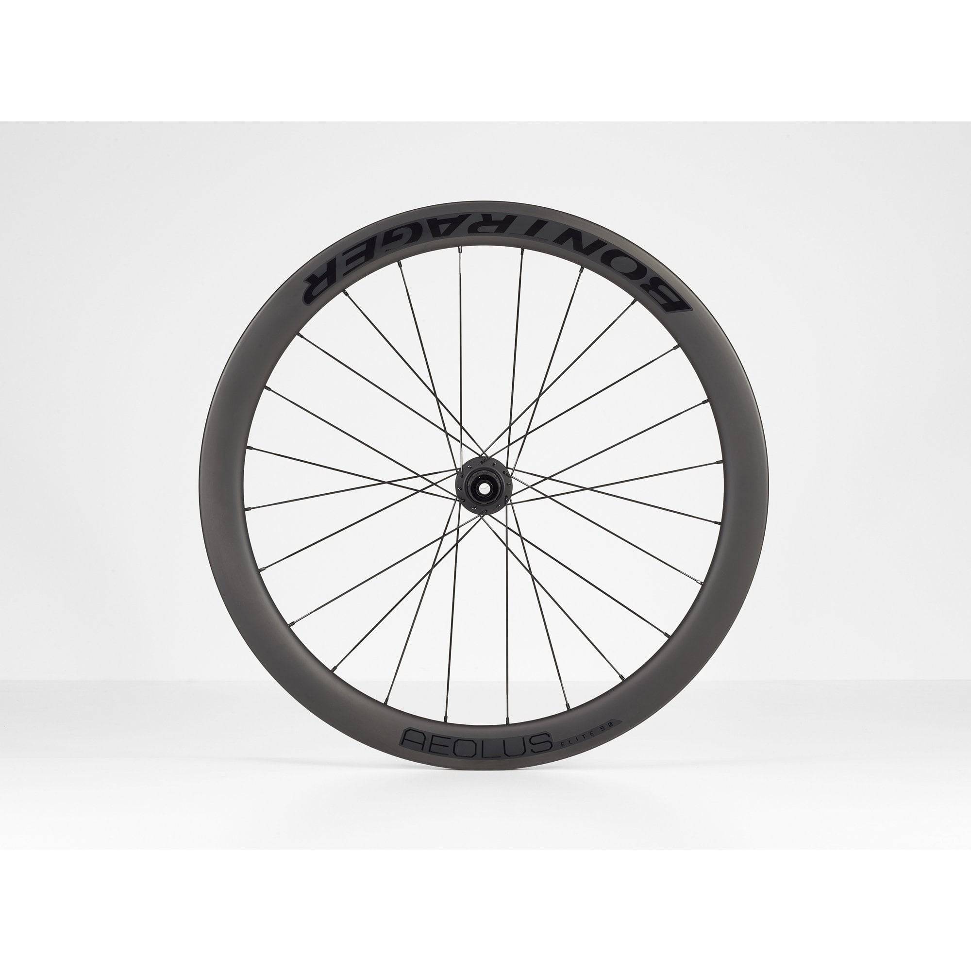 Bontrager Aeolus Elite 50 TLR disc road wheels with tubeless-ready carbon aero rims and sleek black spokes.