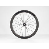 Bontrager Aeolus Elite 50 TLR disc road wheels with tubeless-ready carbon aero rims and sleek black spokes.