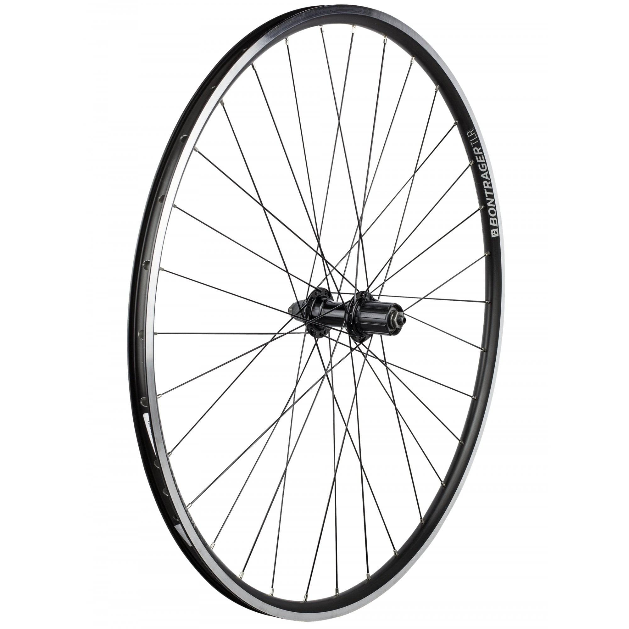 Bontrager Approved TLR 32H Clincher 700C road wheels, tubeless-ready, with black rims and spokes, for high-performance cycling.