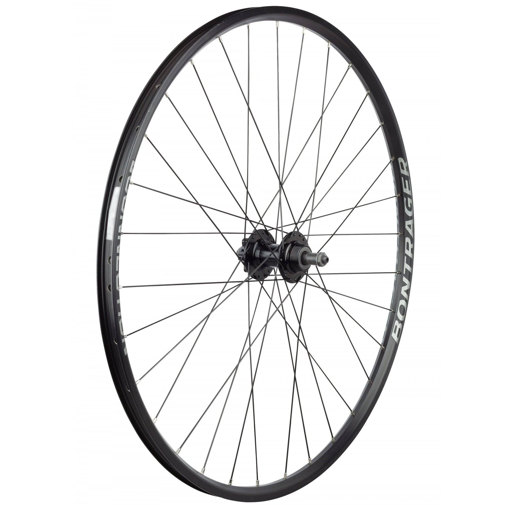 Bontrager 700C rear mountain bike wheel with 6-bolt disc brake, 32 spokes, black aluminum rim, and quick-release hub.