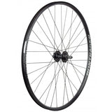 Bontrager 700C rear mountain bike wheel with 6-bolt disc brake, 32 spokes, black aluminum rim, and quick-release hub.