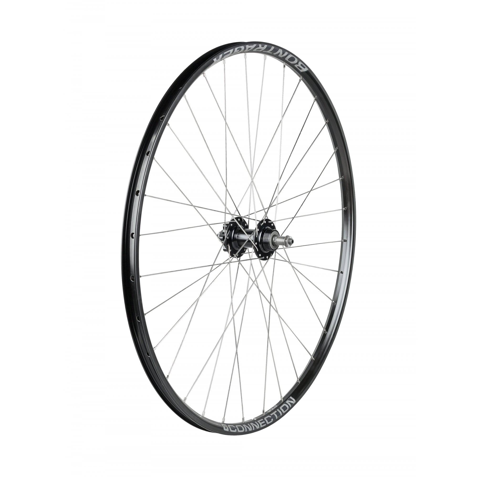 Bontrager 700C rear mountain bike wheel with 6-bolt disc brake mount, black 32H alloy rim, suitable for MTB components.
