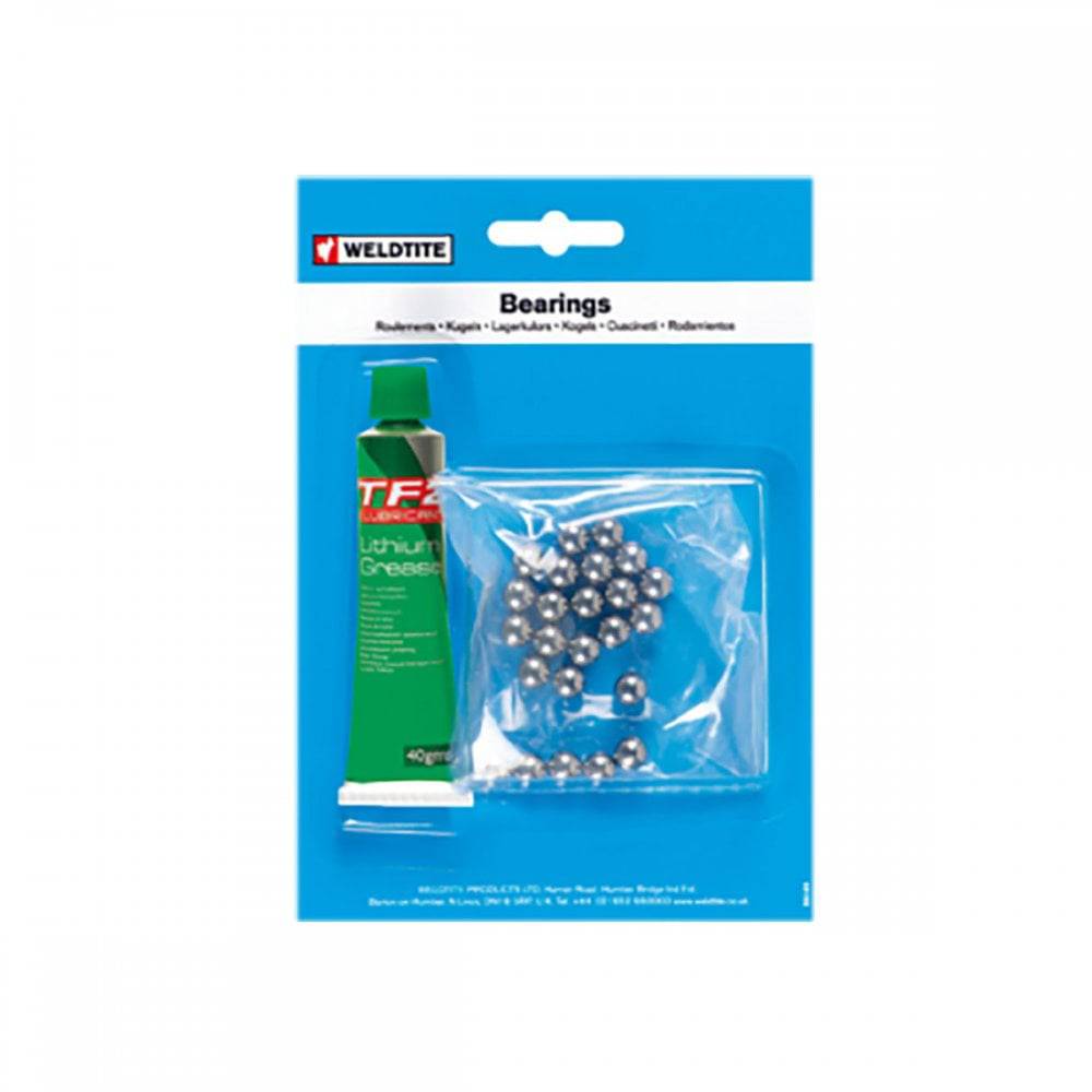 Weldtite 1/4-inch ball bearings and white lithium grease pack for bike hubs, includes 24 ball bearings and grease for component maintenance.