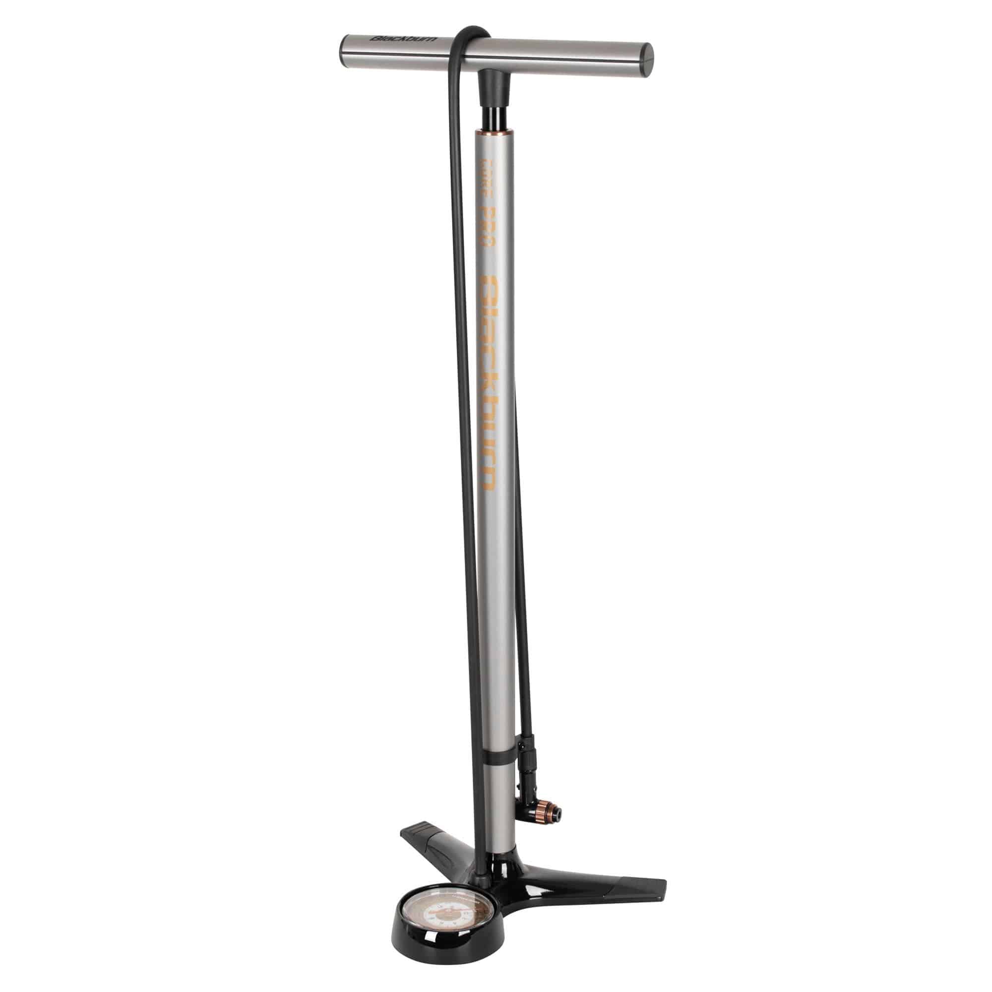 Blackburn Core Pro floor pump with large gauge and AirTap™ head in grey, used for inflating bicycle tires.