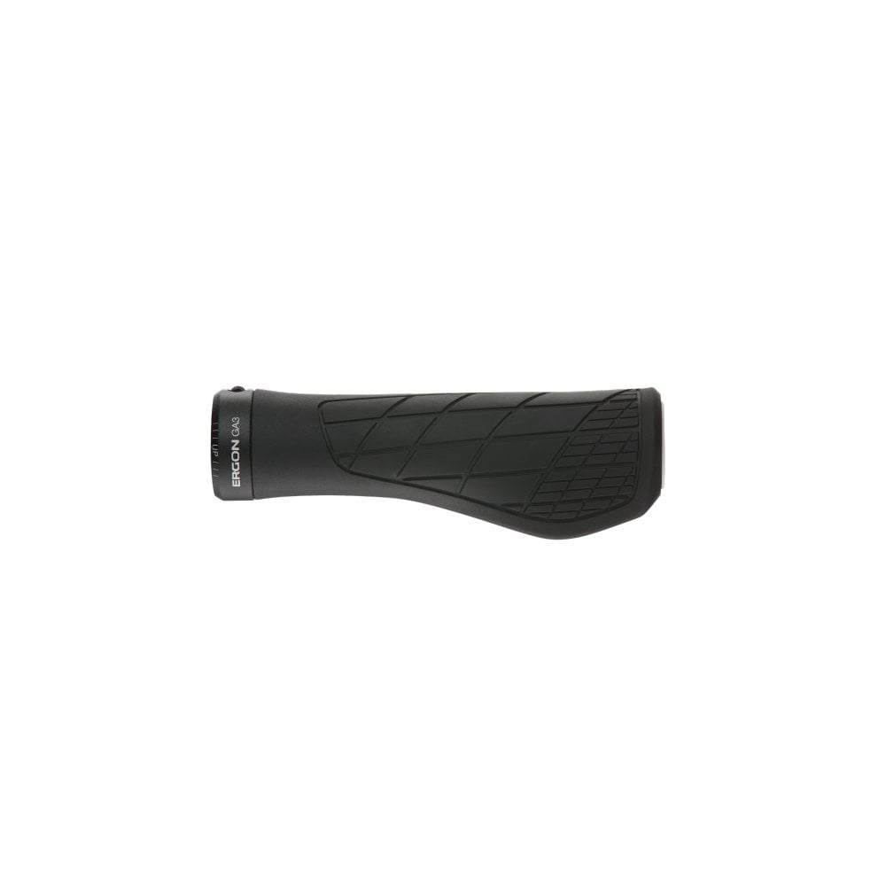 Ergon GA3 ergonomic mountain bike grips with carbon-friendly CNC aluminum clamps, designed for comfortable MTB riding.