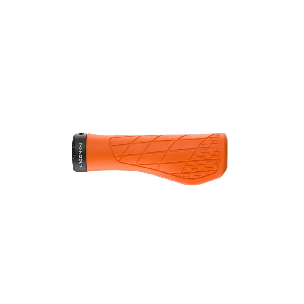 Ergon GA3 ergonomic mountain bike grips with carbon-friendly CNC aluminum clamps, designed for comfortable cycling.