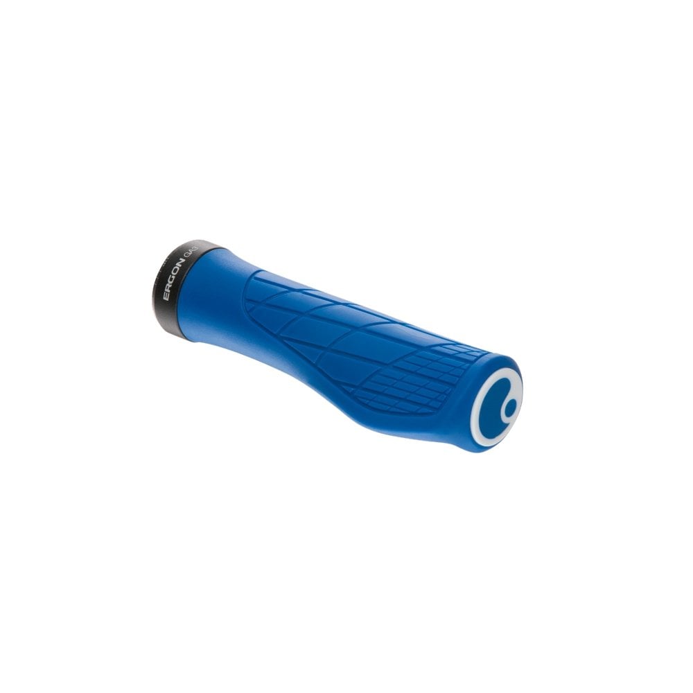 Ergon GA3 ergonomic mountain bike grips with carbon-friendly CNC aluminium clamps, designed for comfortable MTB riding.
