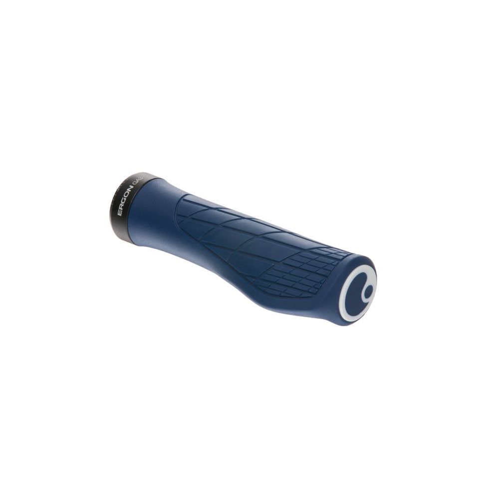 Ergon GA3 ergonomic mountain bike grips with carbon-friendly CNC aluminum clamps, designed for comfortable MTB riding.
