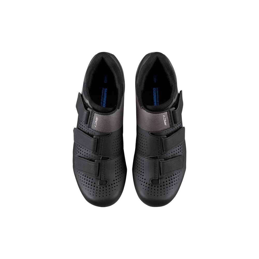 Shimano RC1W SPD-SL women's road cycling shoes with black and white design, featuring lightweight construction and secure strap closures.