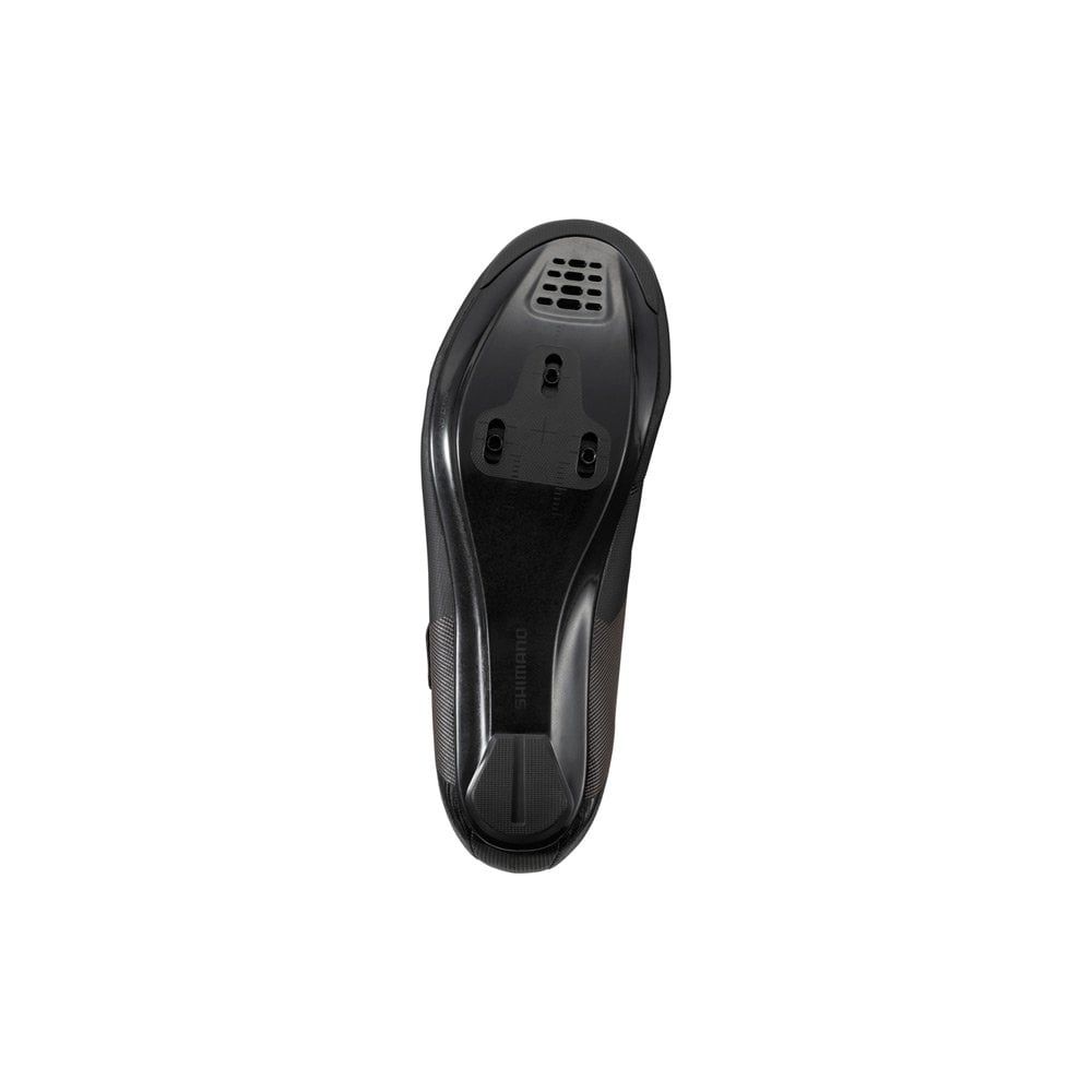 Shimano RC1W women's SPD-SL road cycling shoes with black and white design, breathable upper, and stiff sole for professional performance.
