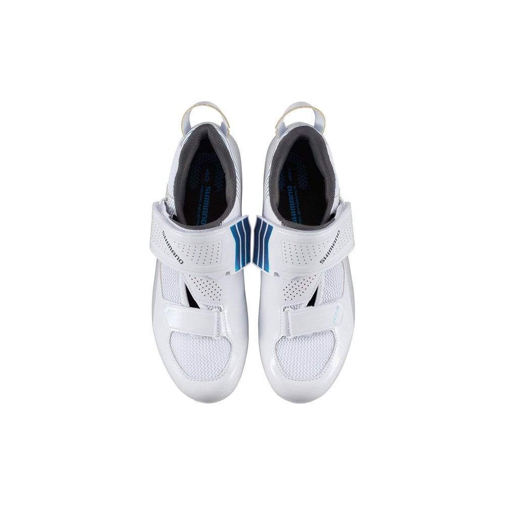 Shimano TR5W women's SPD-SL road cycling shoes for triathlon, black with white accents and secure strap closures.