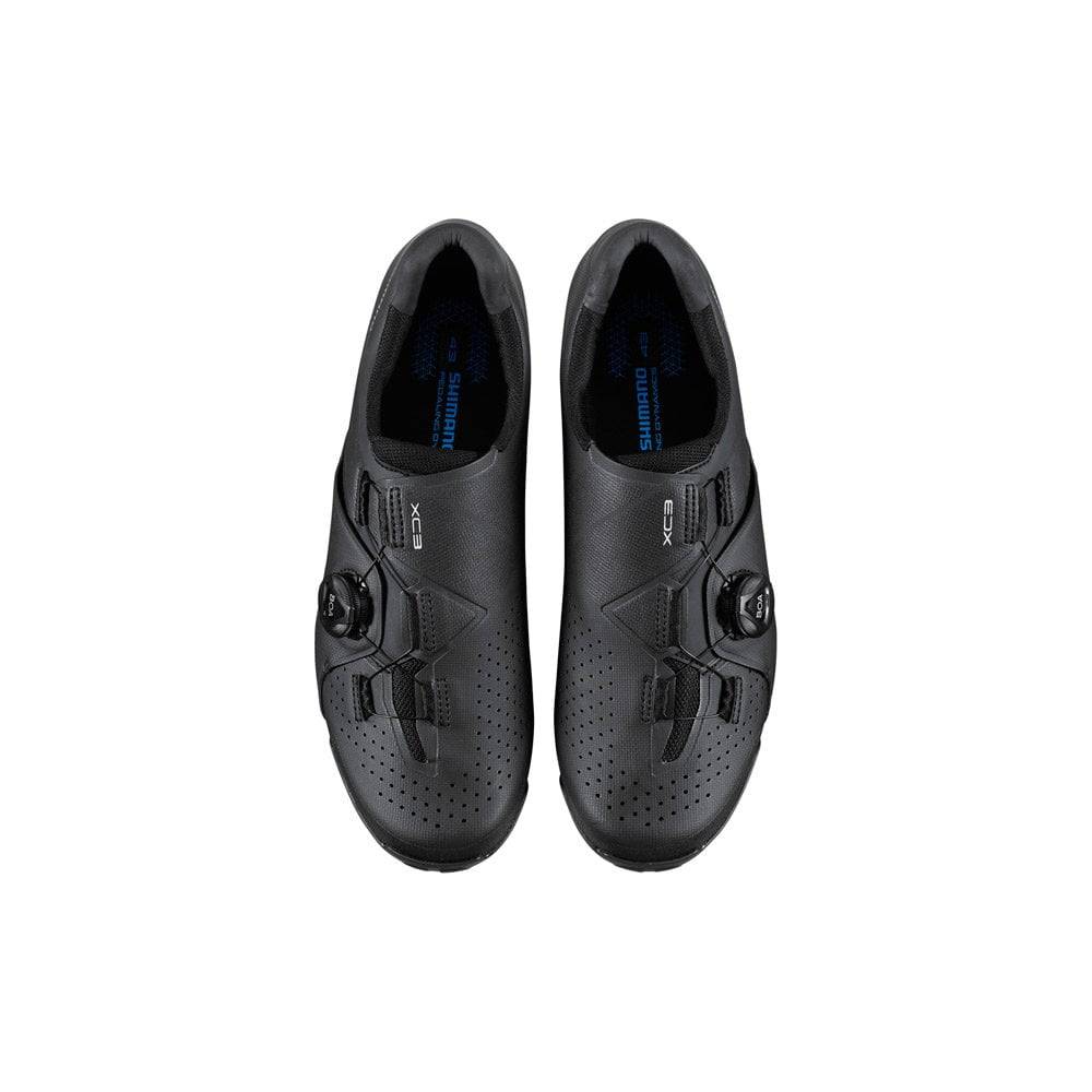 Shimano XC3 SPD MTB shoes for cross-country and off-road riding, featuring black and gray design with Shimano branding.