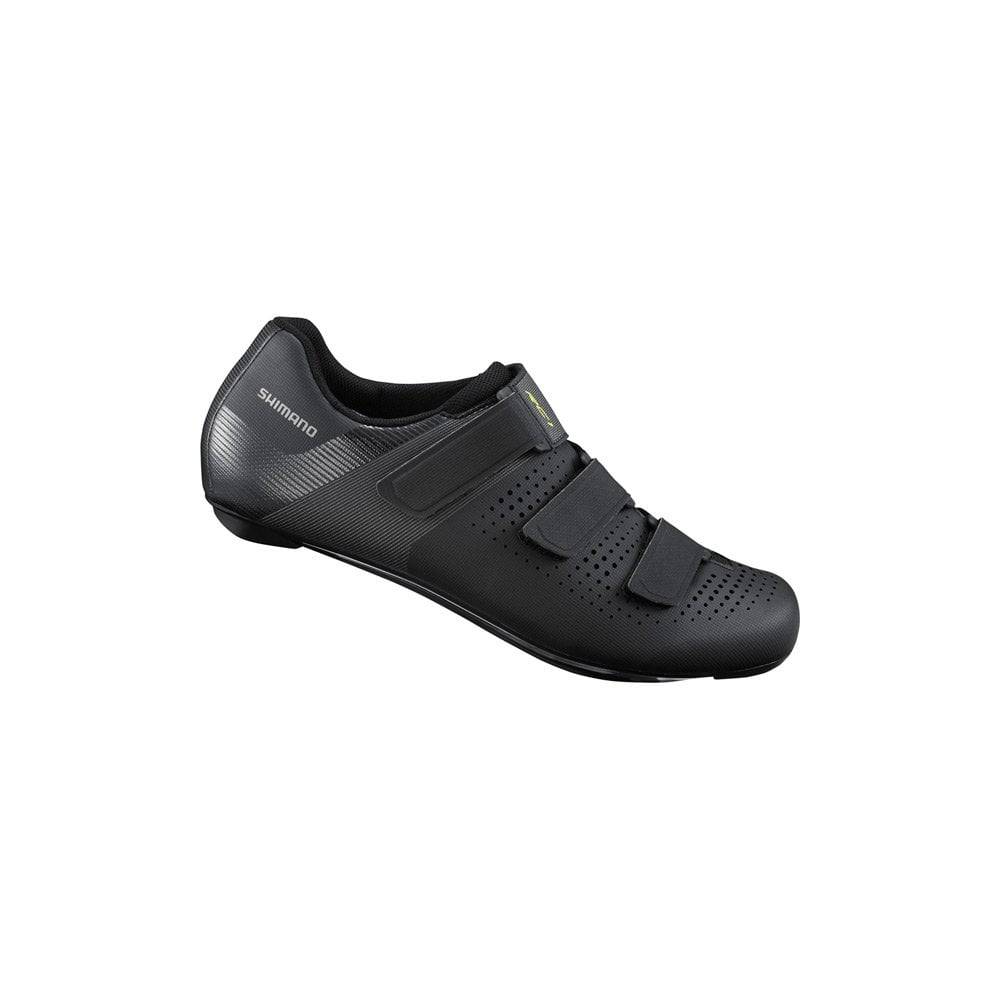 Shimano RC1 SPD-SL road cycling shoes with reflective straps, lightweight design, and breathable upper for performance riding.