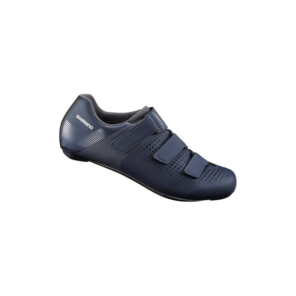 Shimano RC1 SPD-SL road cycling shoes with reflective straps, lightweight footwear for competitive cycling, close-up view.