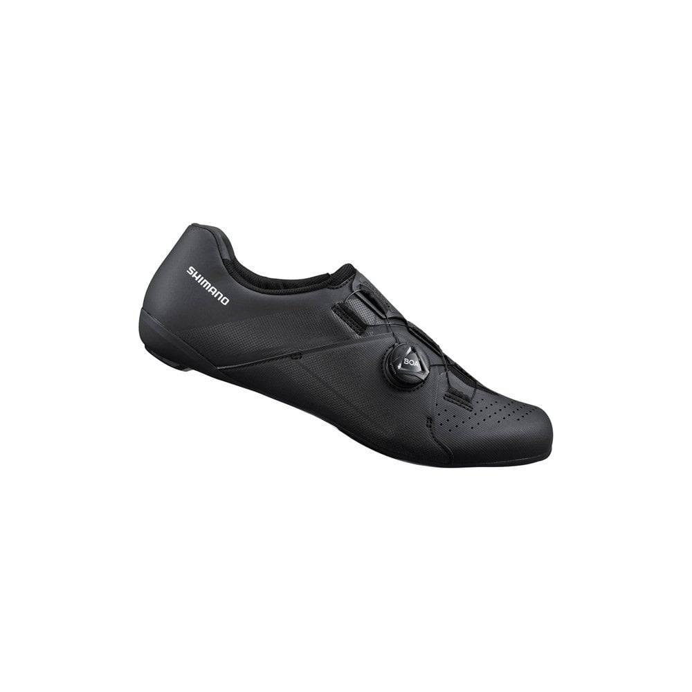Shimano RC3 RC300 SPD-SL road cycling shoes with BOA L6 dial closure, black aerodynamic design and breathable mesh upper.
