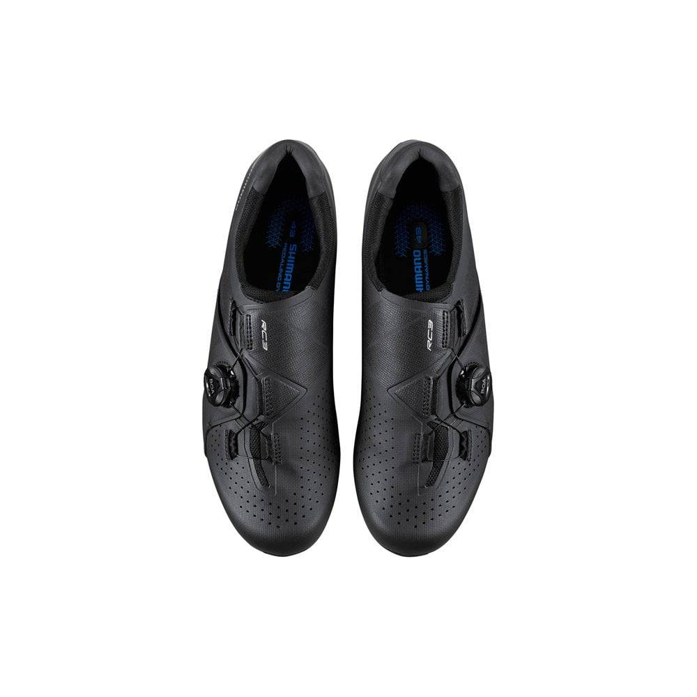 Shimano RC3 RC300 SPD-SL road cycling shoes with BOA L6 dial closure, black with sleek design and breathable mesh panels.