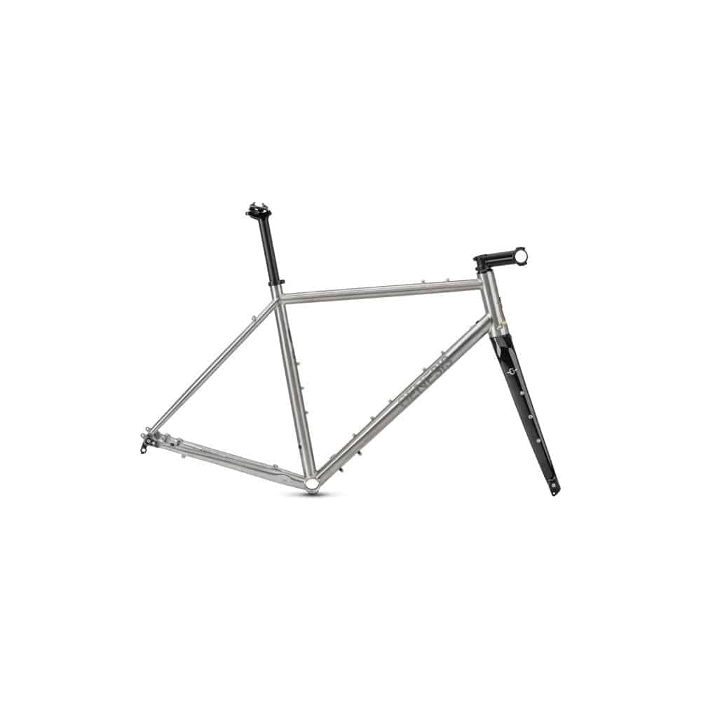 Genesis Croix De Fer titanium gravel frameset with carbon fork and disc brake mounts, highlighting lightweight bike component.