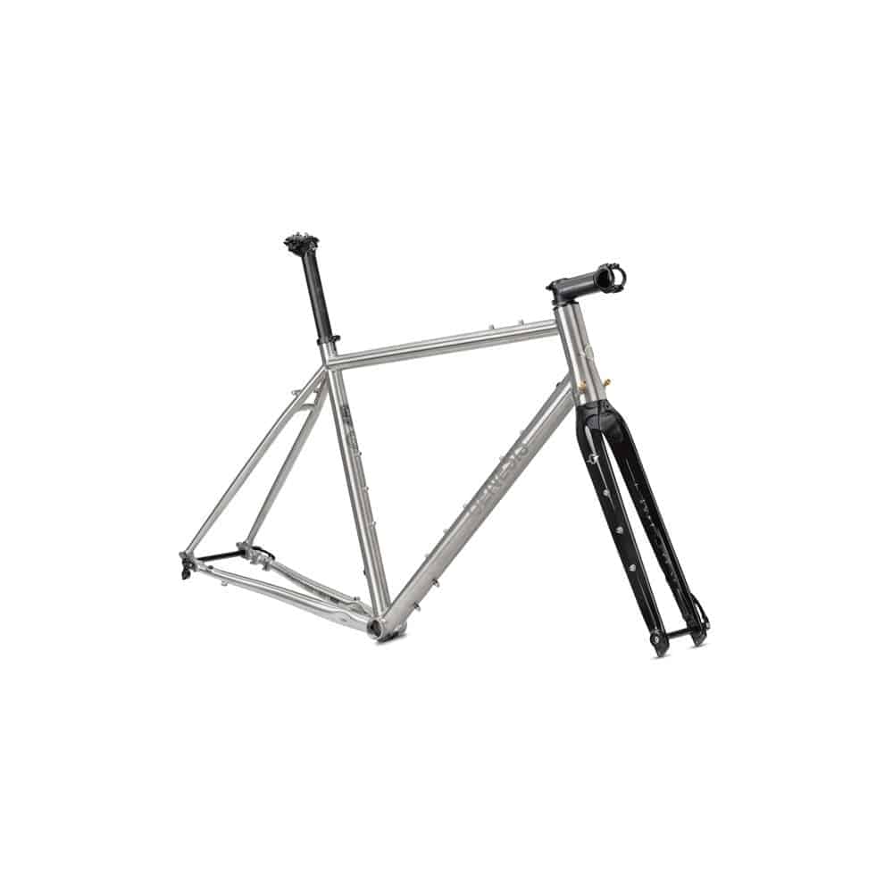 Genesis Croix De Fer Titanium gravel frameset with carbon fork and disc brake mounts, featuring durable construction and sleek design.