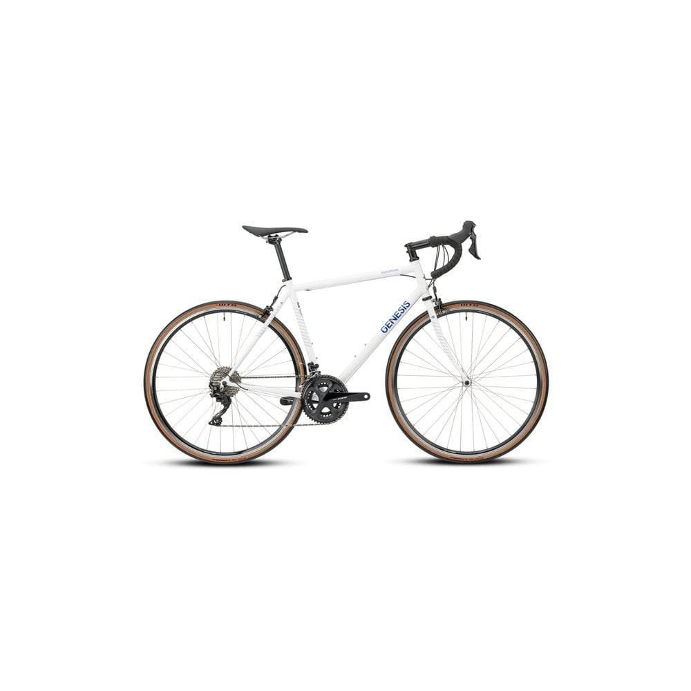 Genesis Equilibrium road bike with Shimano 105 gears, featuring a sleek frame, drop handlebars, and comfortable design for long-distance cycling.