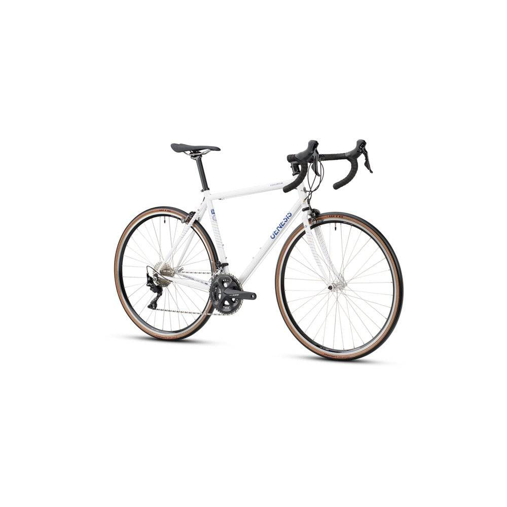 Genesis Equilibrium Road Bike with Shimano 105 gears, featuring a sleek frame and drop handlebars for comfortable long-distance cycling.