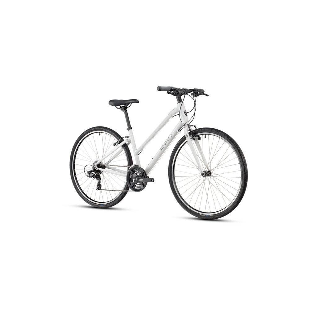 Ridgeback Motion open frame hybrid bike with Shimano 3x7 drivetrain and 700x42c tires, suitable for versatile riding.
