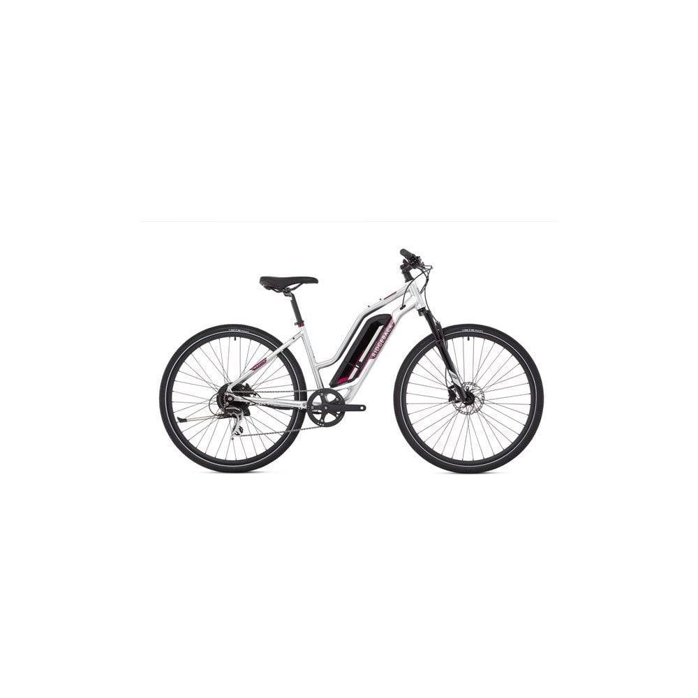Ridgeback Arcus 1 open frame women’s e-hybrid bike with Shimano Acera gears and disc brakes, shown from side view.