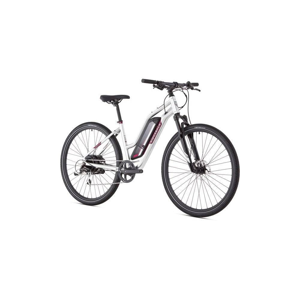Ridgeback Arcus 1 open frame women's e-hybrid bike with Shimano Acera gears and disc brakes, shown from side view.