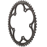Campagnolo 50T Evo C-Ring 11-speed chainring for 34T road bikes, shown mounted on bike crankset, high-quality bicycle component.