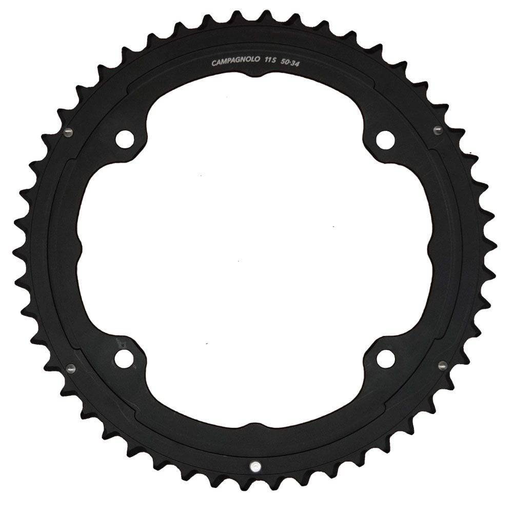 Campagnolo Potenza 11-speed black 50T chainring with 34T inner gear for road bike components, showing the gear teeth and branding.