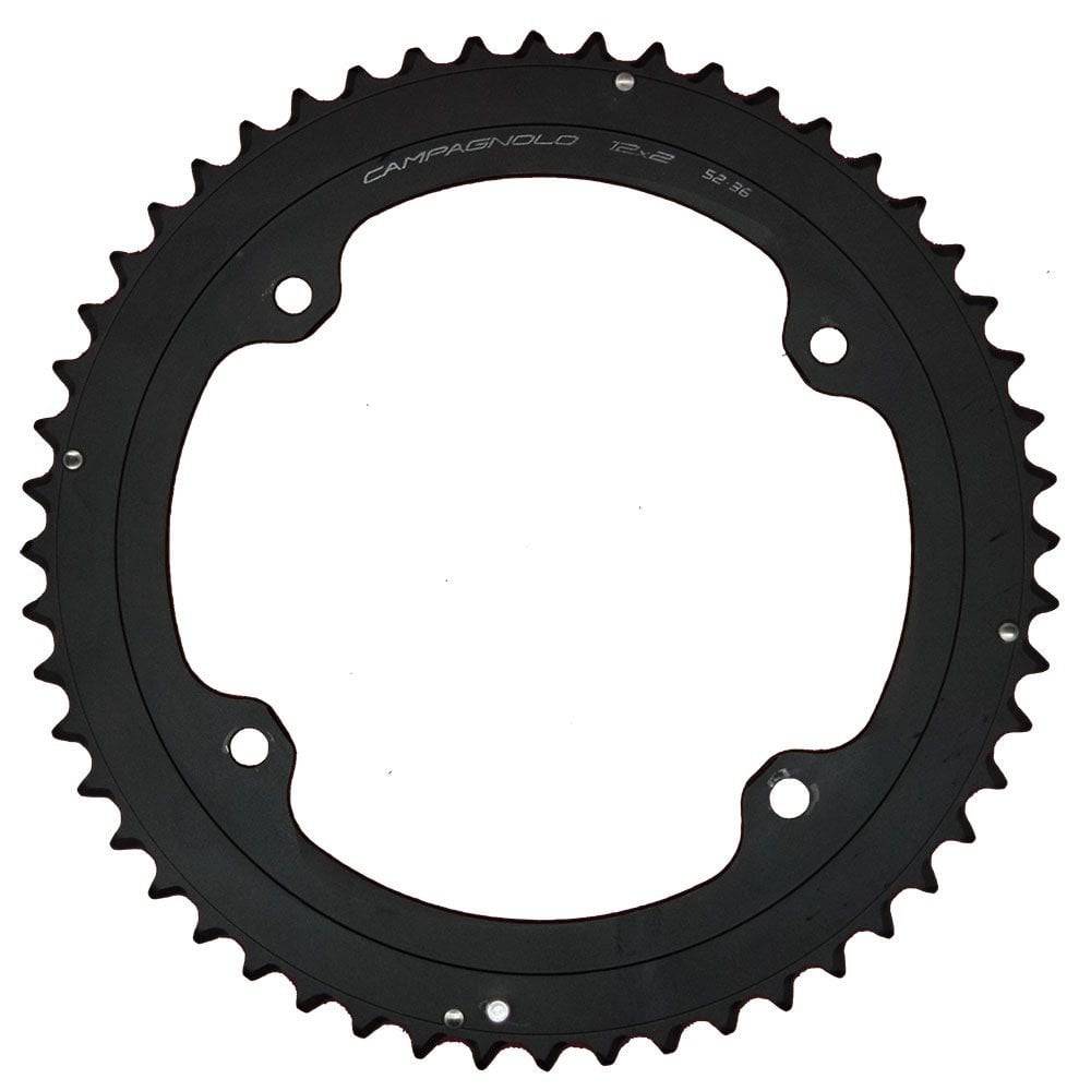 Campagnolo Record 50T 12X 145 chainring with 34T for road bikes, showing close-up of the component's teeth and branding.