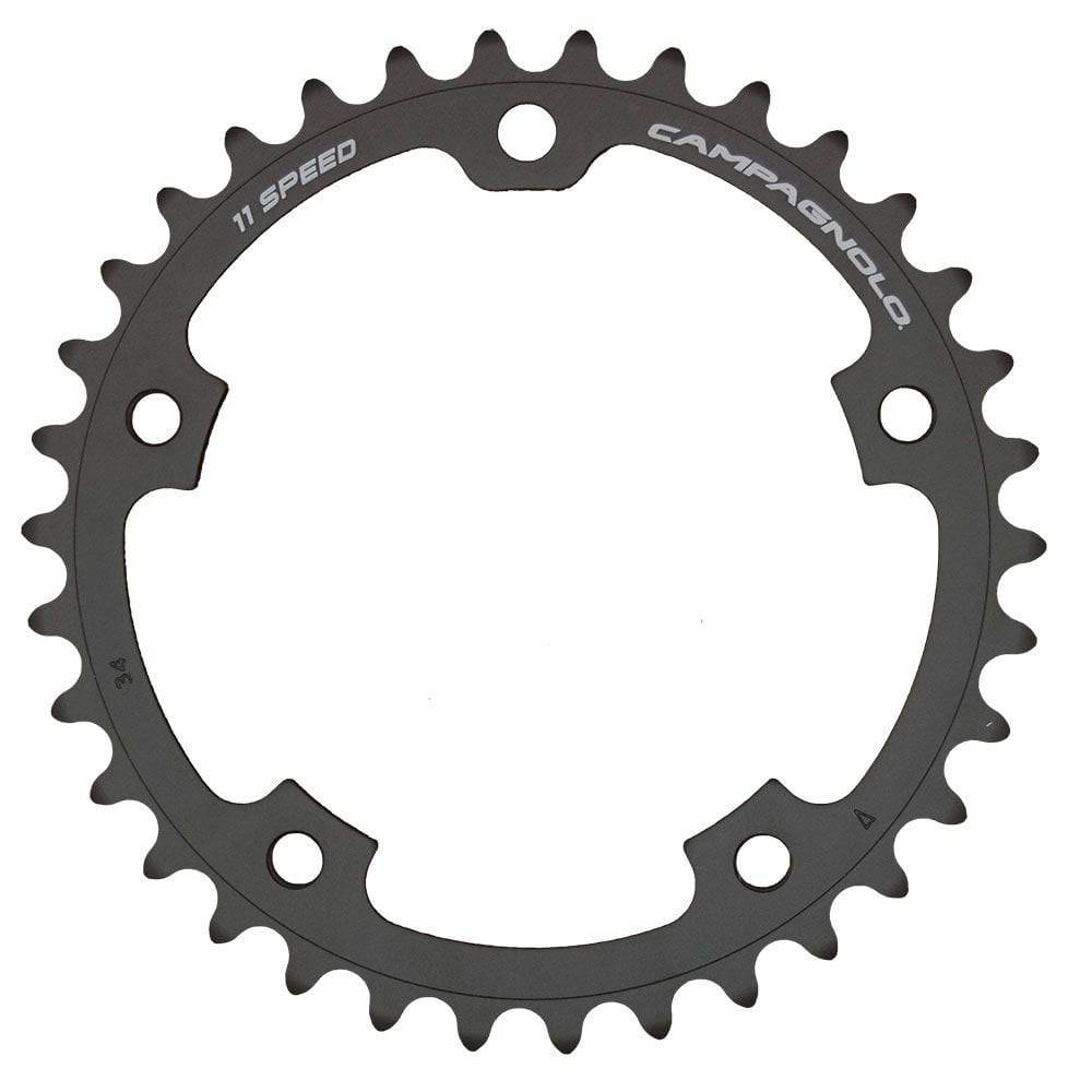 Campagnolo 11-speed 110mm chainring with 34T for S-Rec, Rec, and Chorus groupsets, showing the chainring's teeth and design details.