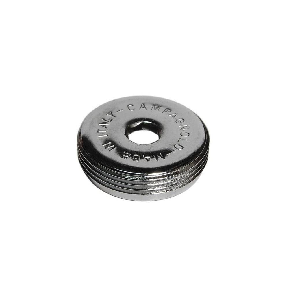 Campagnolo Pista crank bolt caps replacement spares for chainsets, close-up of durable metal caps with branding details.