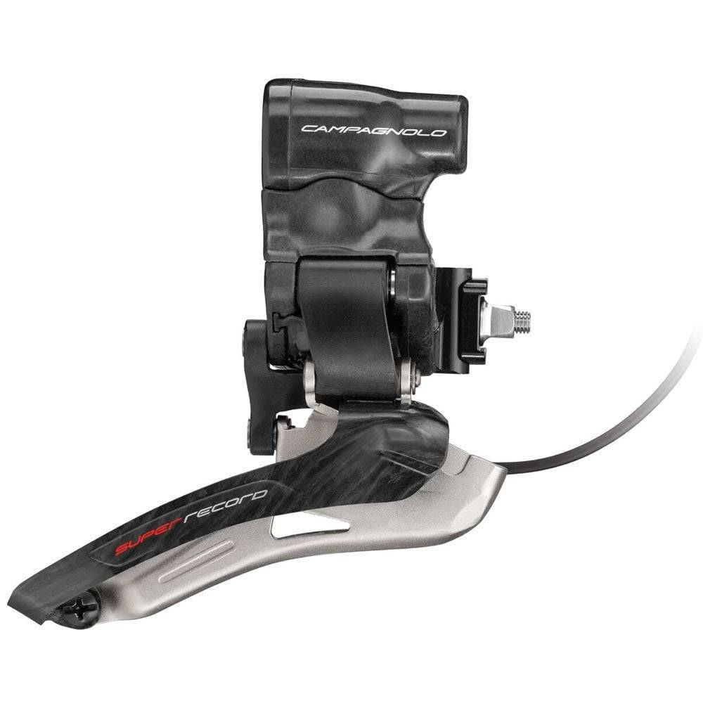 Campagnolo Super Record EPS 12-speed electronic road bike front derailleur with sleek design and precise shifting mechanism.